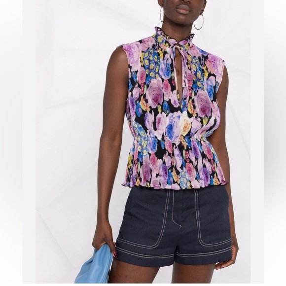 Ganni Tops - Ganni Floral Sleeveless Ruffled Neck Top in Black, Pink, Purple